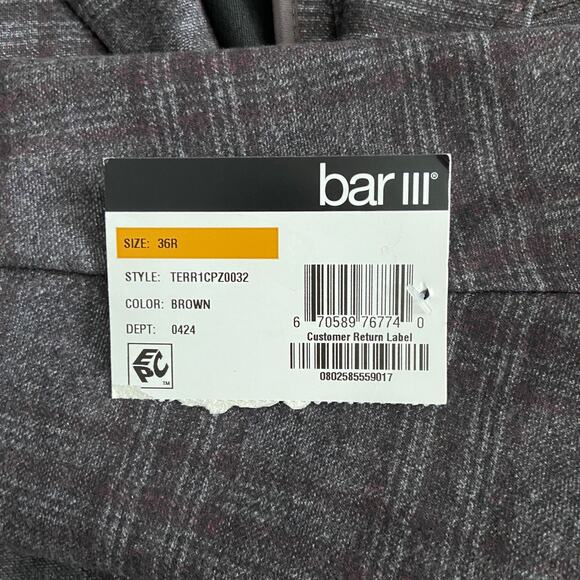 Bar III Men's 36R Slim Fit Sport Coat Stretch Unlined Brown Plaid NEW - Picture 10 of 12